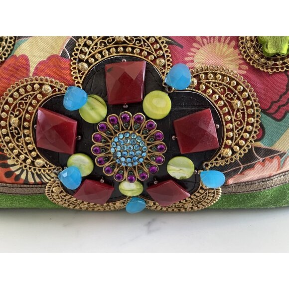 Vtg Mary Frances Handcrafted Embellished Satchel Purse With Faux Gemstones & Flo - Picture 8 of 16